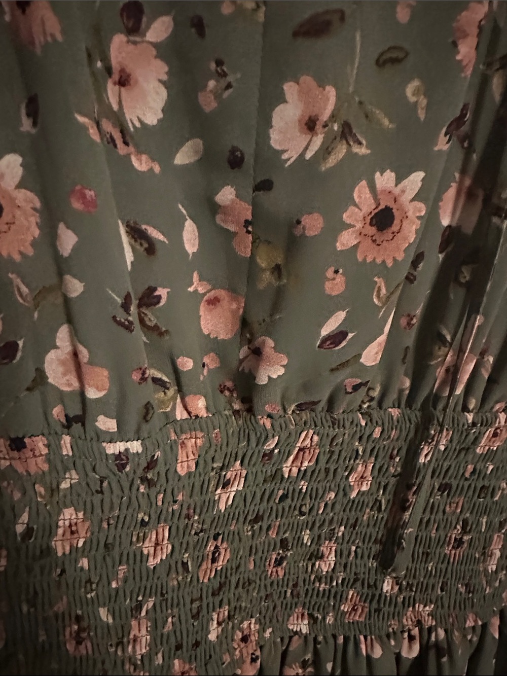 Dynamite Olive Floral V-Neck Smocked Waist Mini Dress - Picture 3 of 12